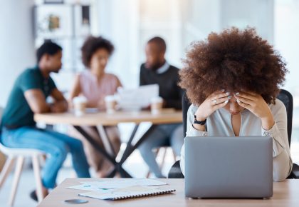 Business woman stress, burnout or laptop anxiety with 404 error, financial stress or mental health .