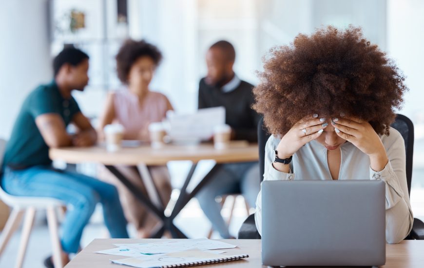 Business woman stress, burnout or laptop anxiety with 404 error, financial stress or mental health .